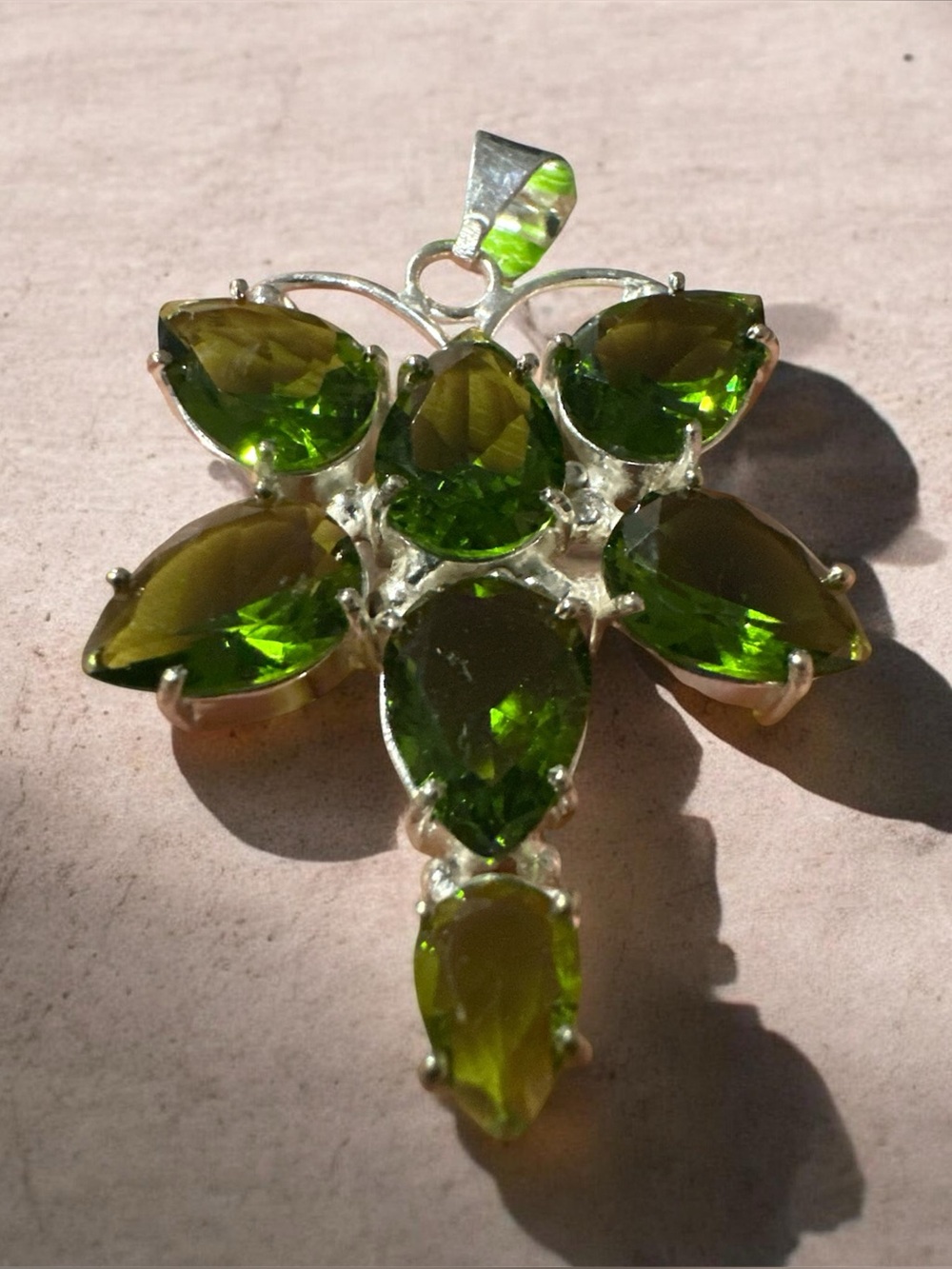 Green Teardrop Crystal Flower Pendant Necklace - Sterling